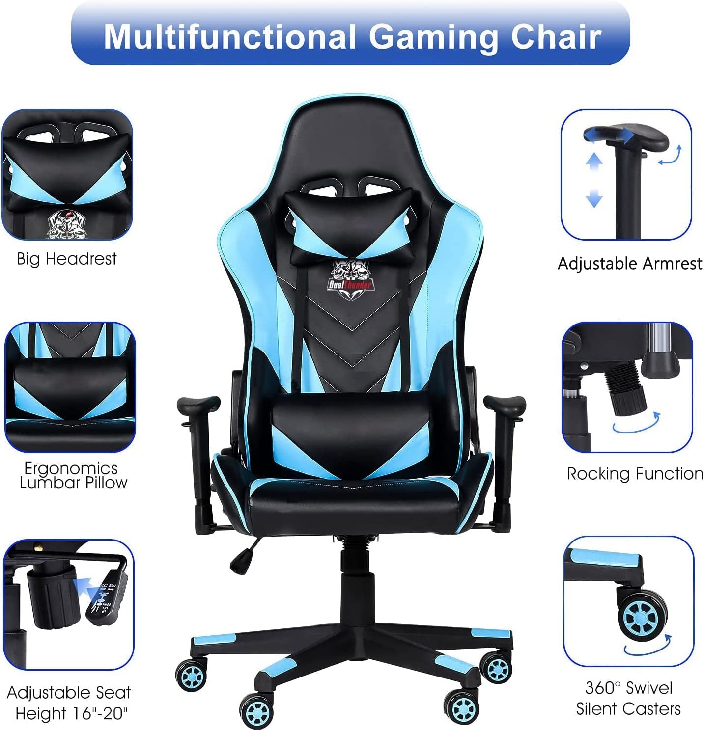 Ergonomic Video Gaming Chair 400 Lb Weight Capacity, Office Computer Chair with Headrest Lumbar Support, Reclining Racing Chair, Game Chair with Adjustable Armrest, Blue - soblessed95.store