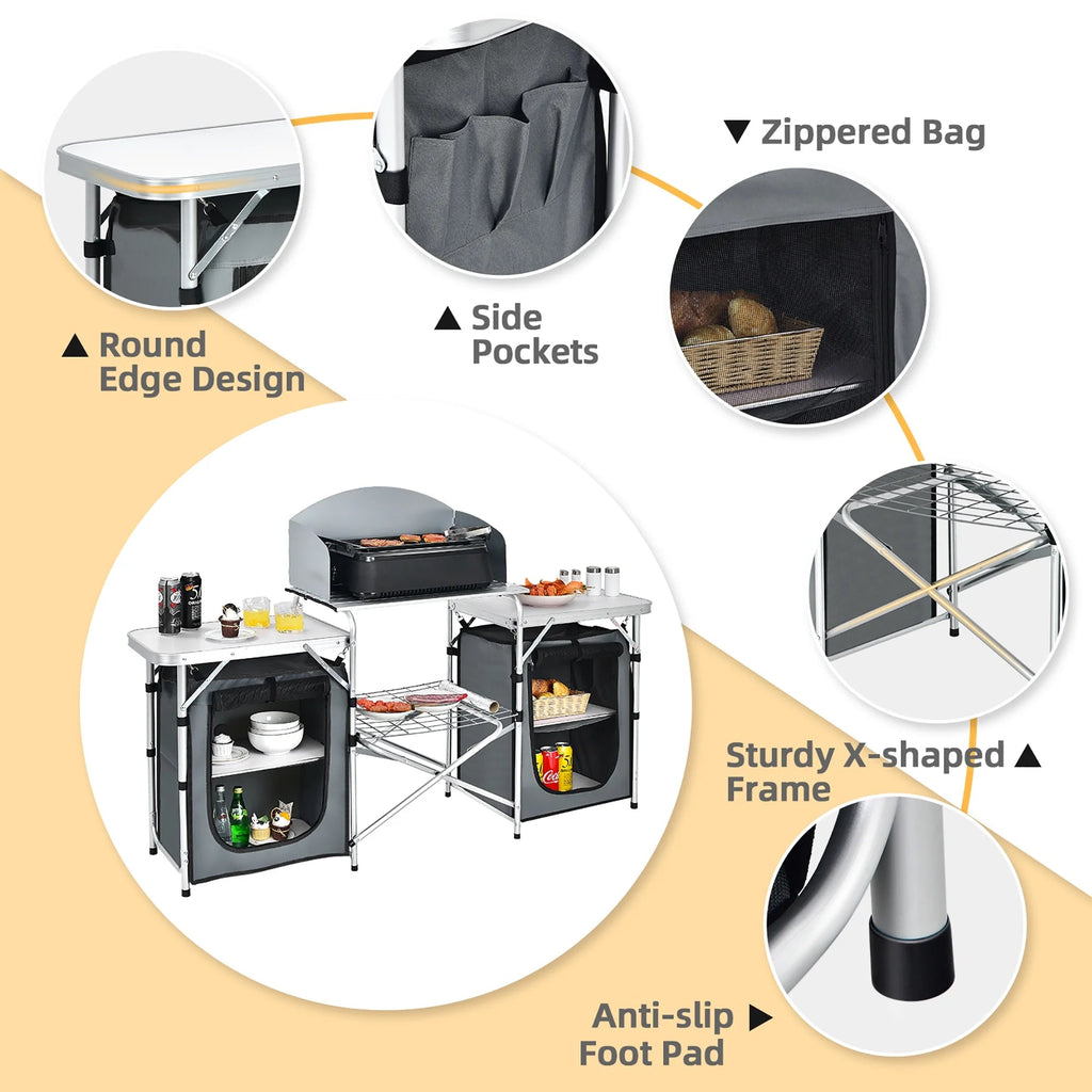 Folding Portable Aluminum Camping Grill Table W/ Storage Organizer Windscreen Grey - soblessed95.store