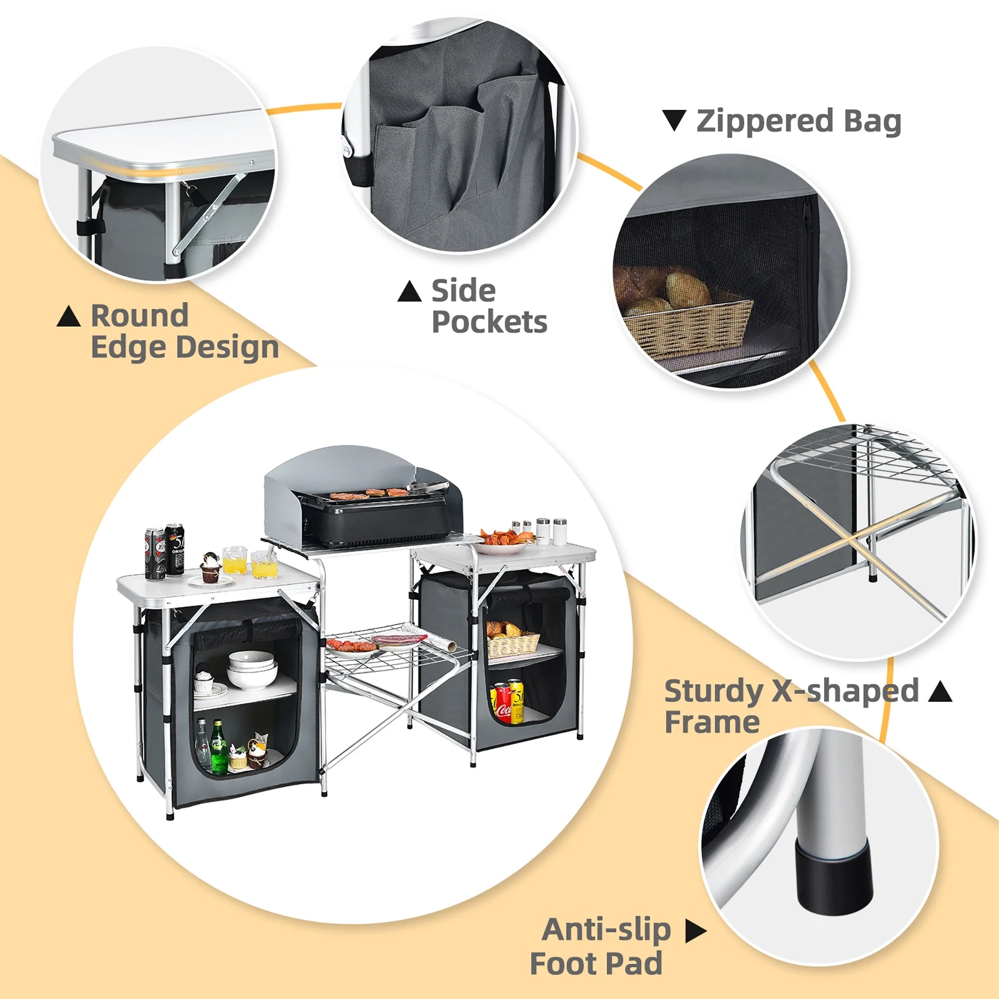 Folding Portable Aluminum Camping Grill Table W/ Storage Organizer Windscreen Grey - soblessed95.store