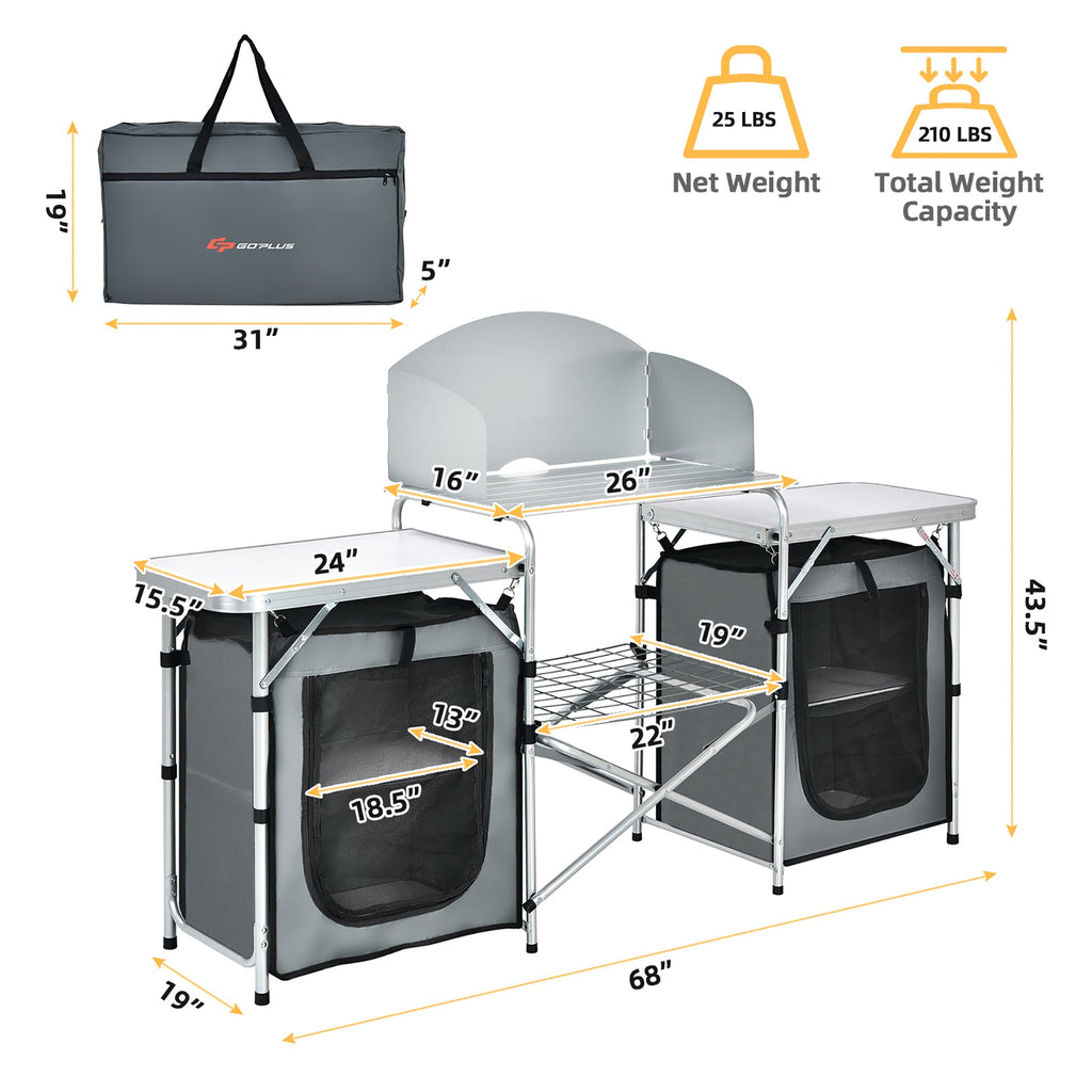 Folding Portable Aluminum Camping Grill Table W/ Storage Organizer Windscreen Grey - soblessed95.store