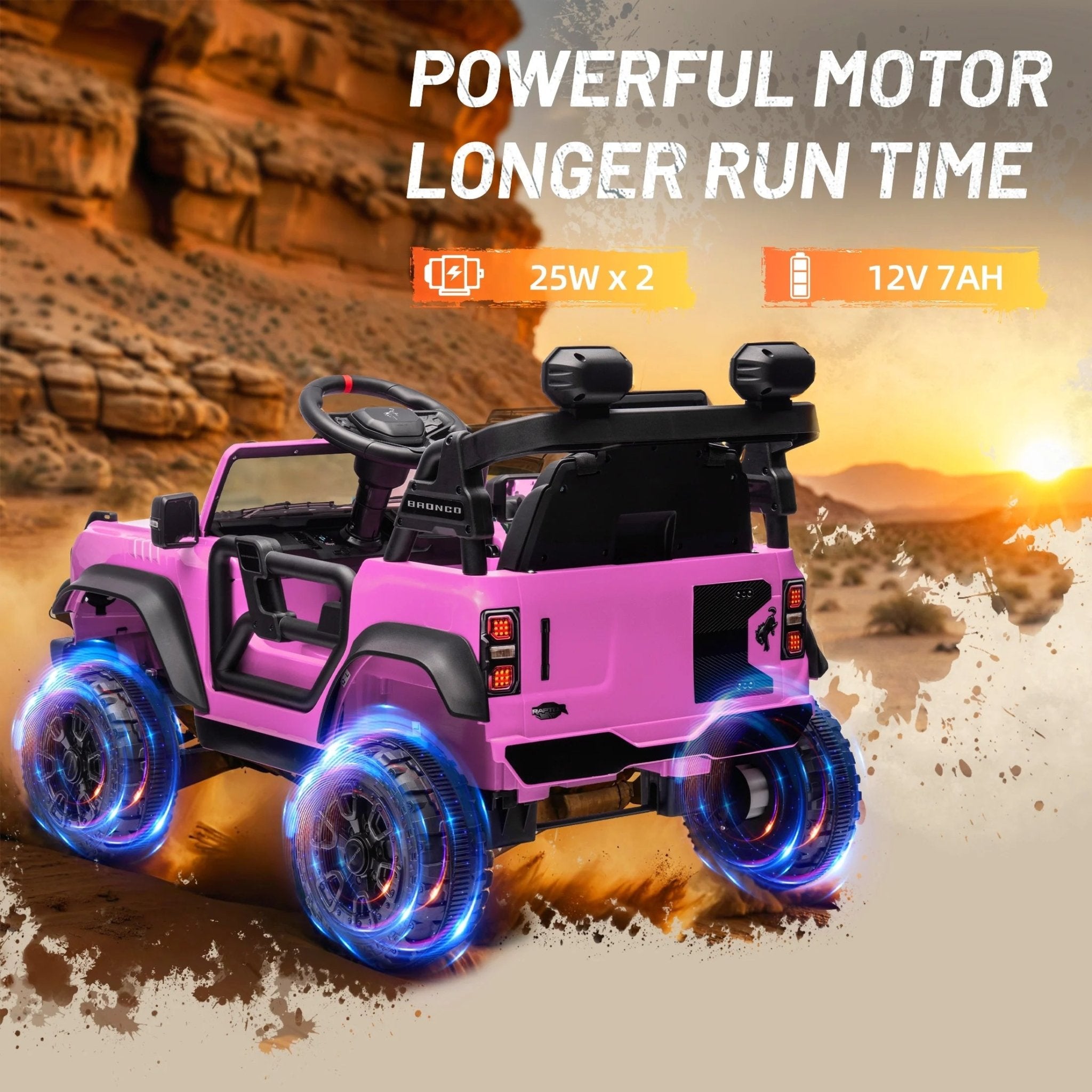 Ford Bronco Raptor 12V Powered Ride on Truck Toys, Kids Electric Car with Remote with Remote Control, Bluetooth, LED Light, Spring Suspension, 3 Speeds, 4 Wheelers, Pink - soblessed95.store