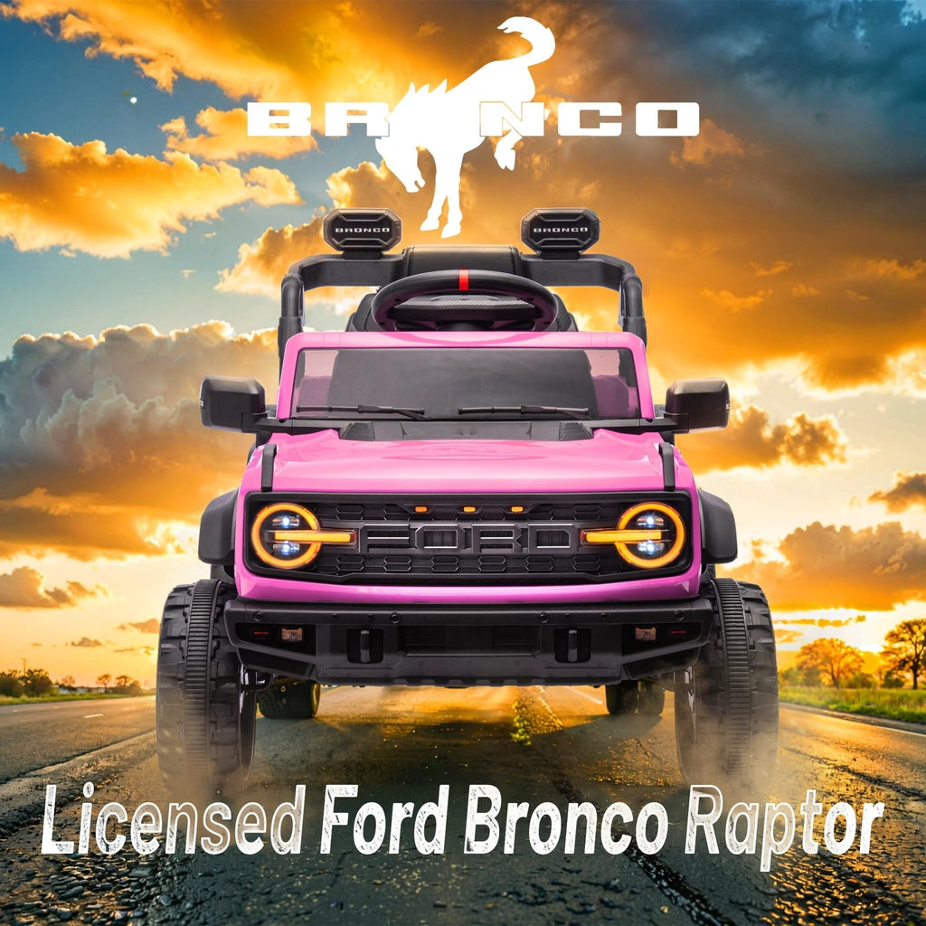 Ford Bronco Raptor 12V Powered Ride on Truck Toys, Kids Electric Car with Remote with Remote Control, Bluetooth, LED Light, Spring Suspension, 3 Speeds, 4 Wheelers, Pink - soblessed95.store