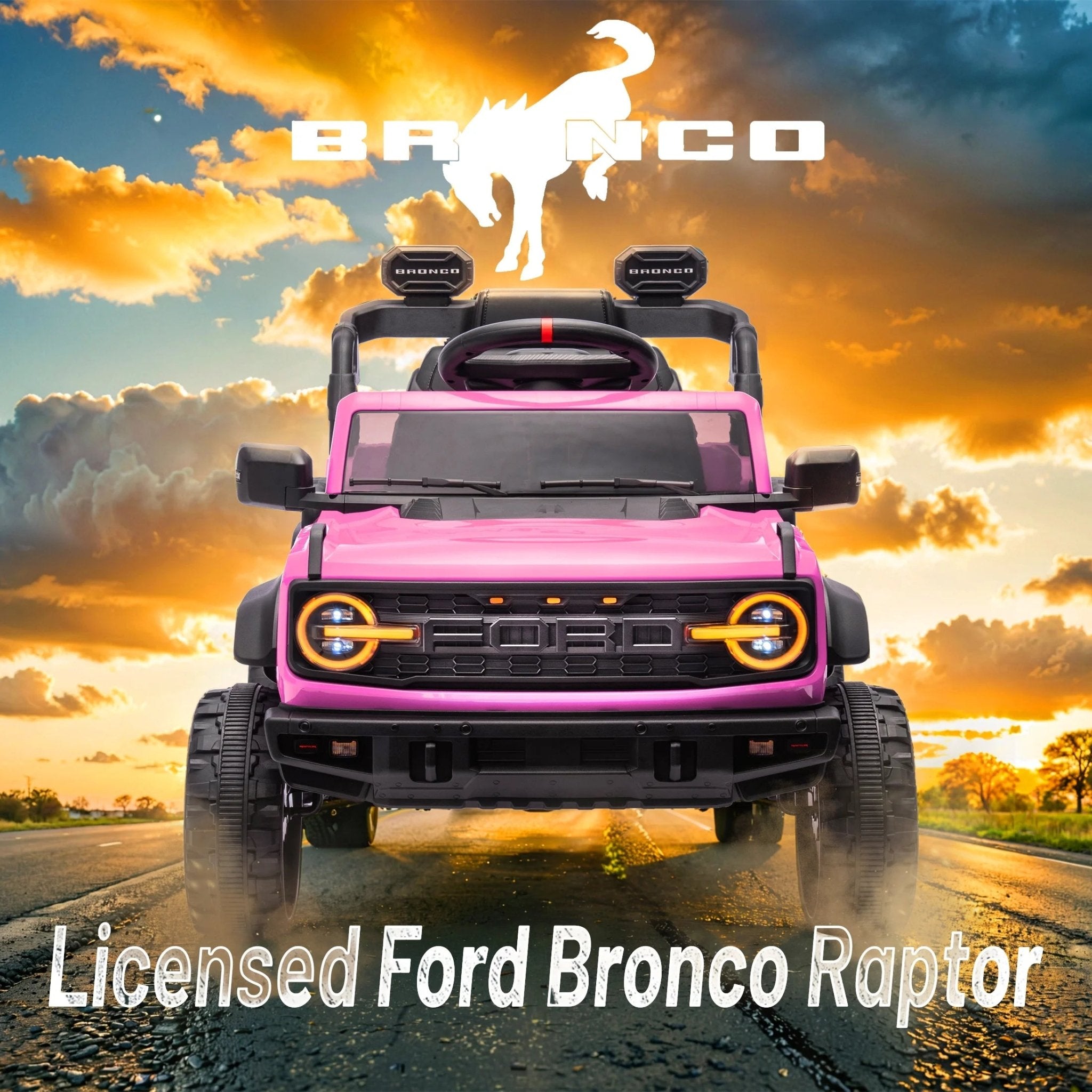 Ford Bronco Raptor 12V Powered Ride on Truck Toys, Kids Electric Car with Remote with Remote Control, Bluetooth, LED Light, Spring Suspension, 3 Speeds, 4 Wheelers, Pink - soblessed95.store