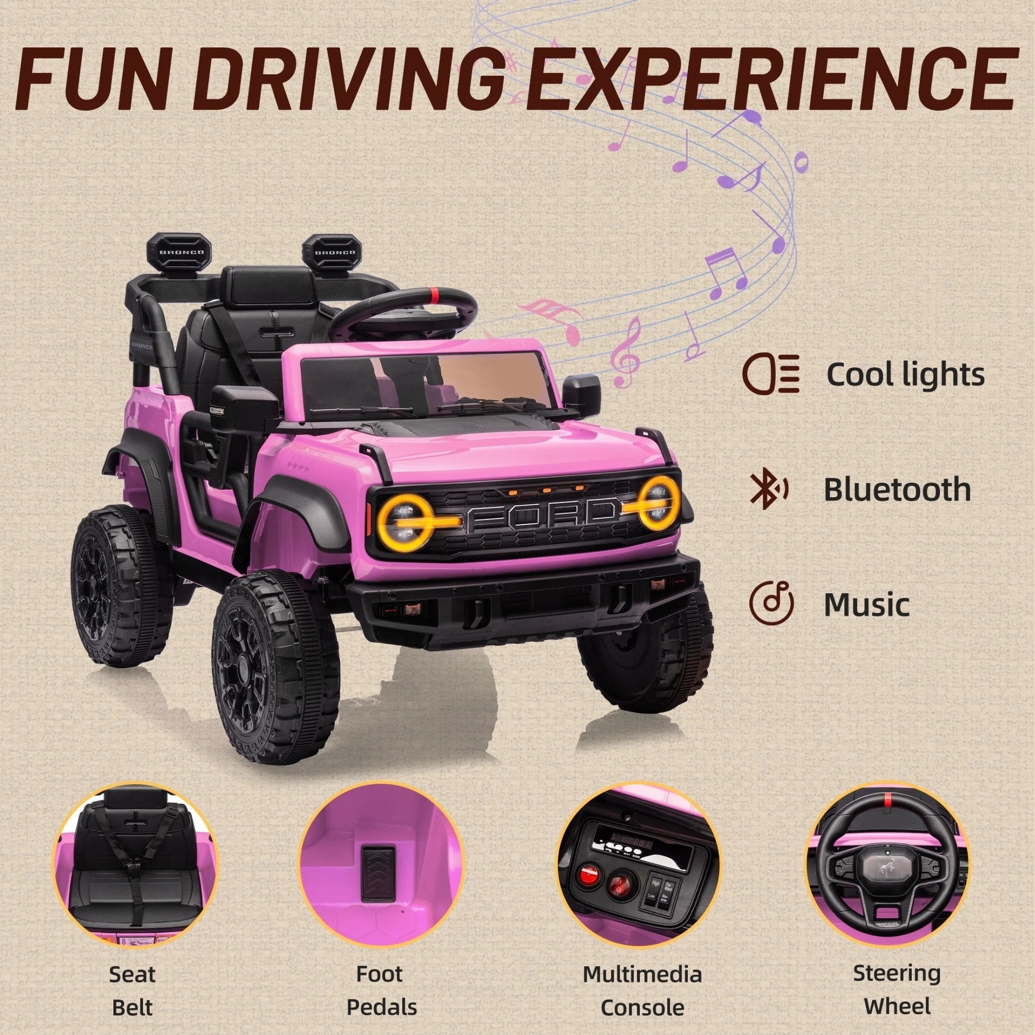 Ford Bronco Raptor 12V Powered Ride on Truck Toys, Kids Electric Car with Remote with Remote Control, Bluetooth, LED Light, Spring Suspension, 3 Speeds, 4 Wheelers, Pink - soblessed95.store