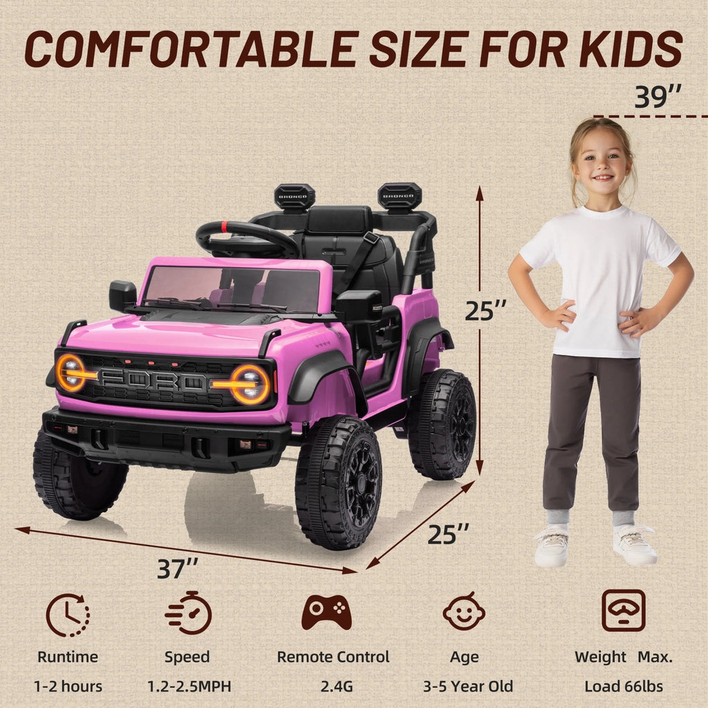 Ford Bronco Raptor 12V Powered Ride on Truck Toys, Kids Electric Car with Remote with Remote Control, Bluetooth, LED Light, Spring Suspension, 3 Speeds, 4 Wheelers, Pink - soblessed95.store