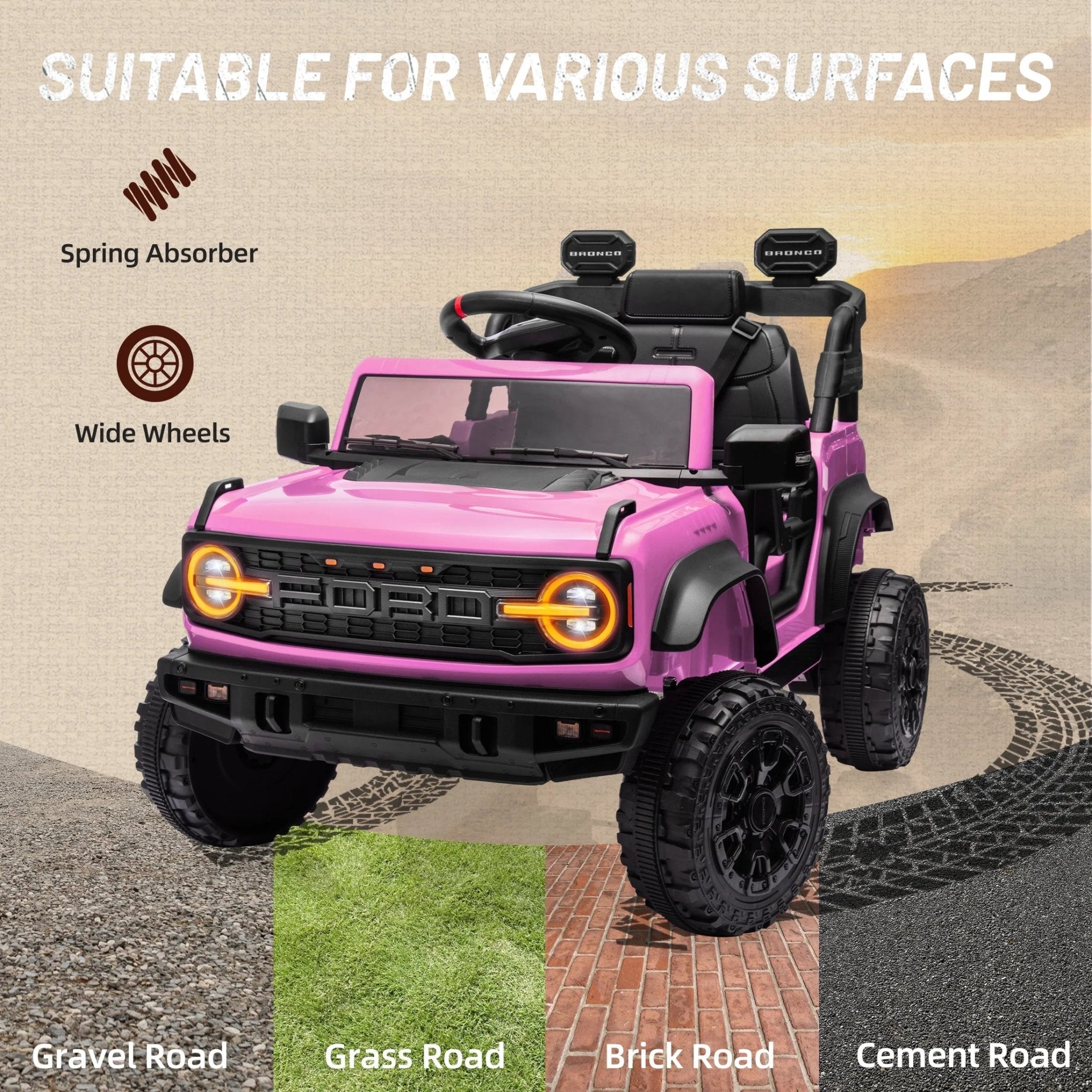 Ford Bronco Raptor 12V Powered Ride on Truck Toys, Kids Electric Car with Remote with Remote Control, Bluetooth, LED Light, Spring Suspension, 3 Speeds, 4 Wheelers, Pink - soblessed95.store