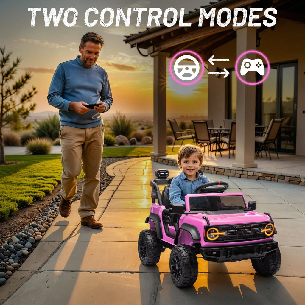 Ford Bronco Raptor 12V Powered Ride on Truck Toys, Kids Electric Car with Remote with Remote Control, Bluetooth, LED Light, Spring Suspension, 3 Speeds, 4 Wheelers, Pink - soblessed95.store