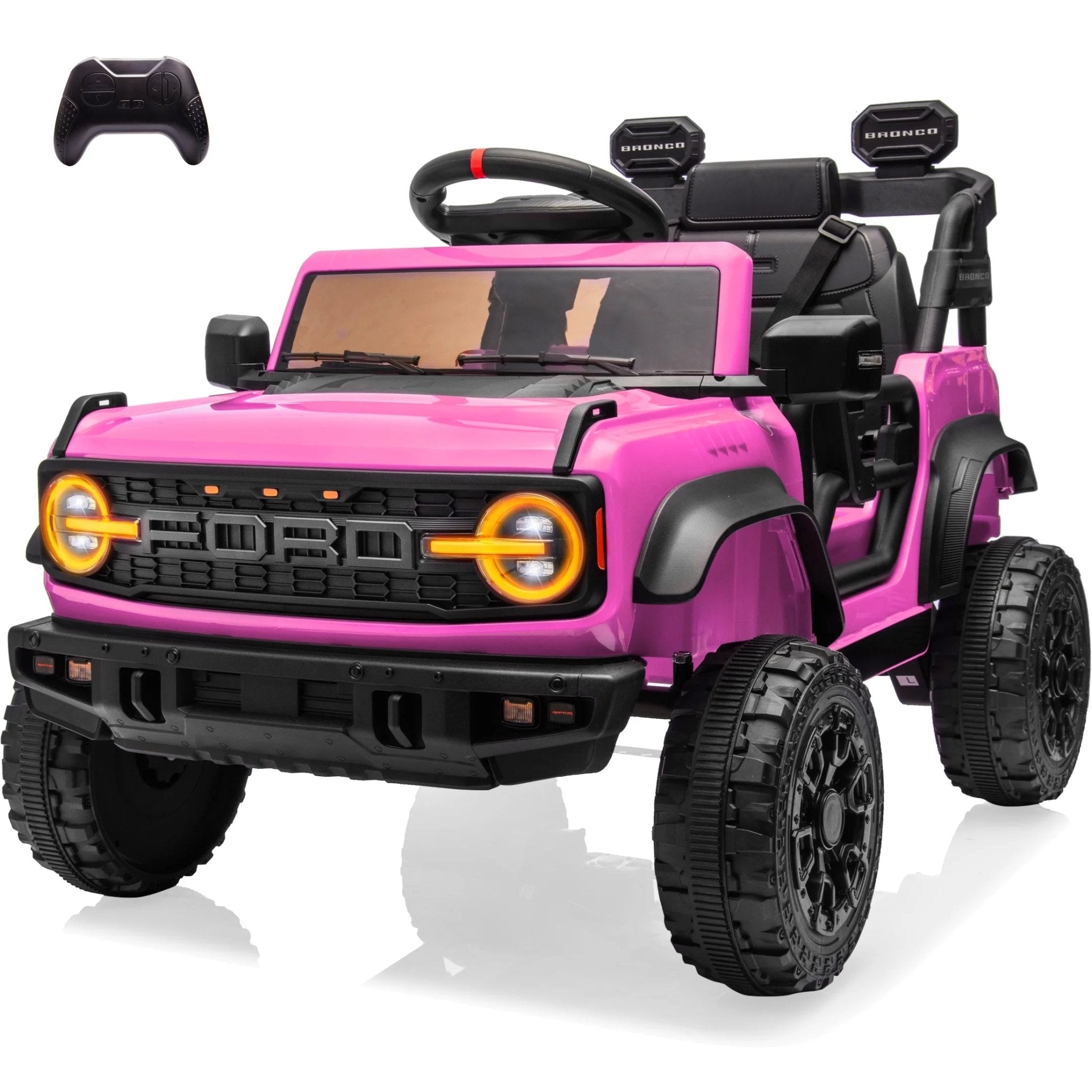 Ford Bronco Raptor 12V Powered Ride on Truck Toys, Kids Electric Car with Remote with Remote Control, Bluetooth, LED Light, Spring Suspension, 3 Speeds, 4 Wheelers, Pink - soblessed95.store