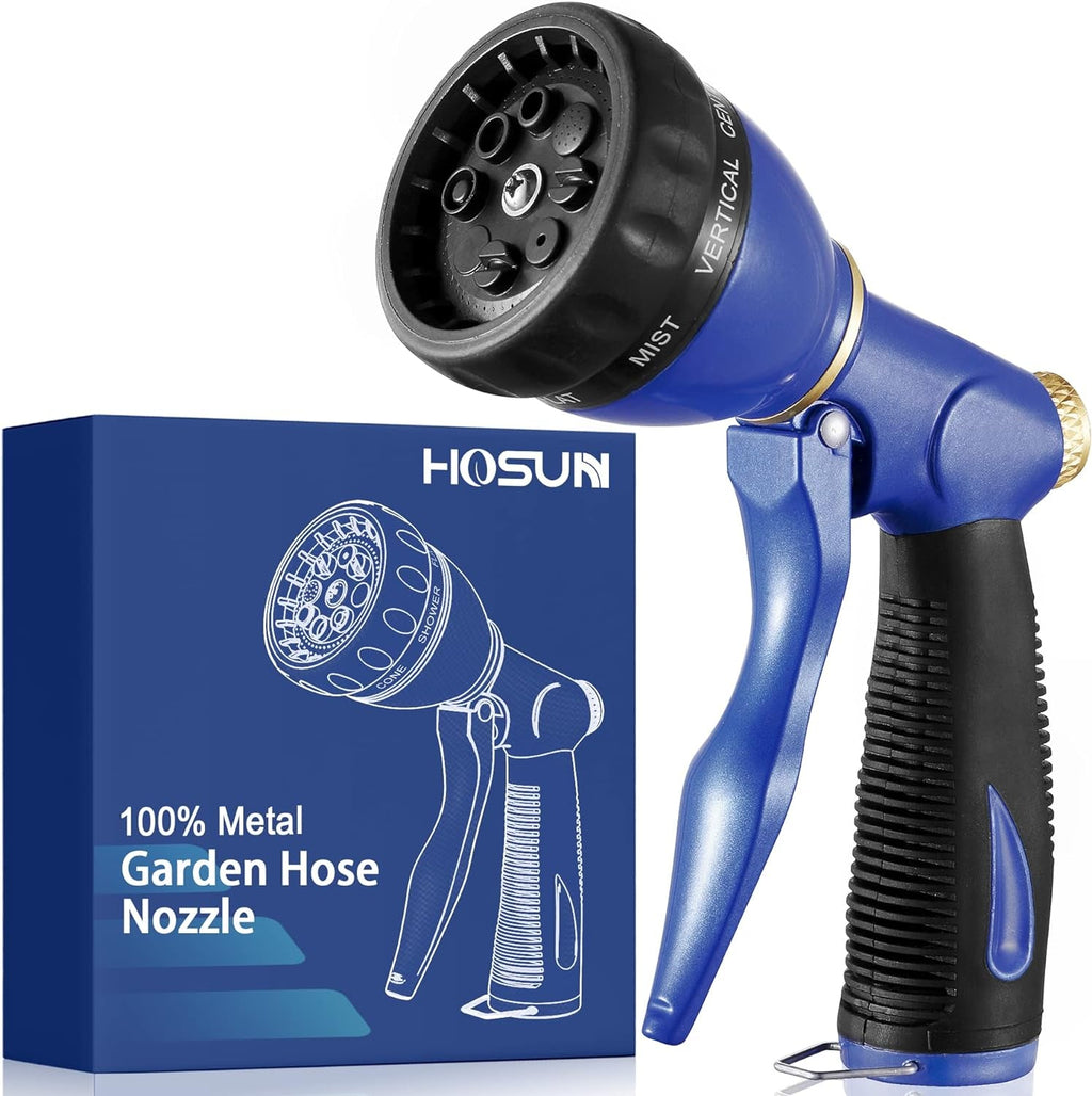 Garden Hose Sprayer Nozzle 100% Heavy Duty Metal, Water Hose Nozzle with 8 Different Spray Patterns, High Pressure Hose Spray Nozzle for Watering Plant & Lawn, Washing Car & Pet Blue - soblessed95.store