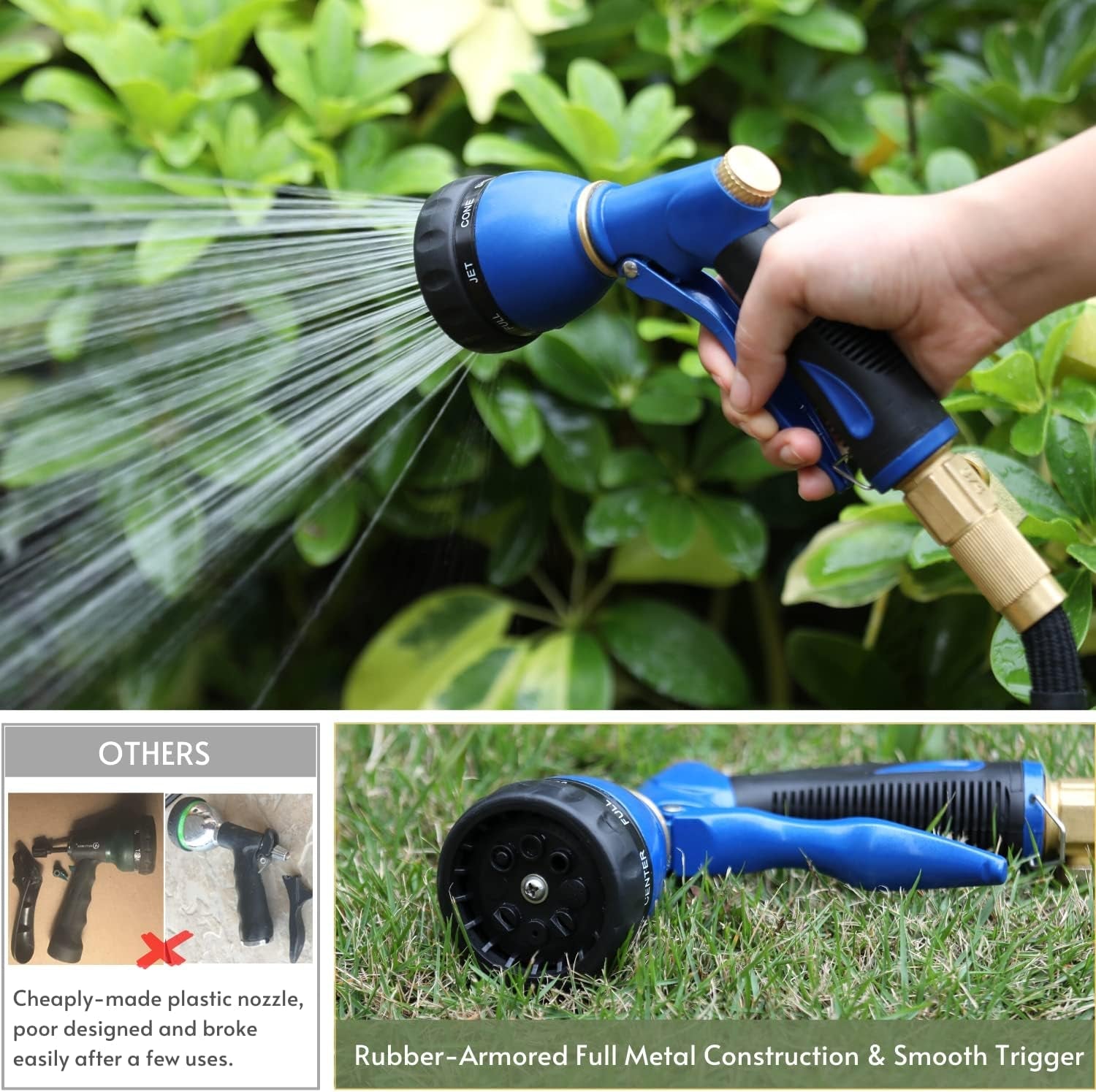 Garden Hose Sprayer Nozzle 100% Heavy Duty Metal, Water Hose Nozzle with 8 Different Spray Patterns, High Pressure Hose Spray Nozzle for Watering Plant & Lawn, Washing Car & Pet Blue - soblessed95.store