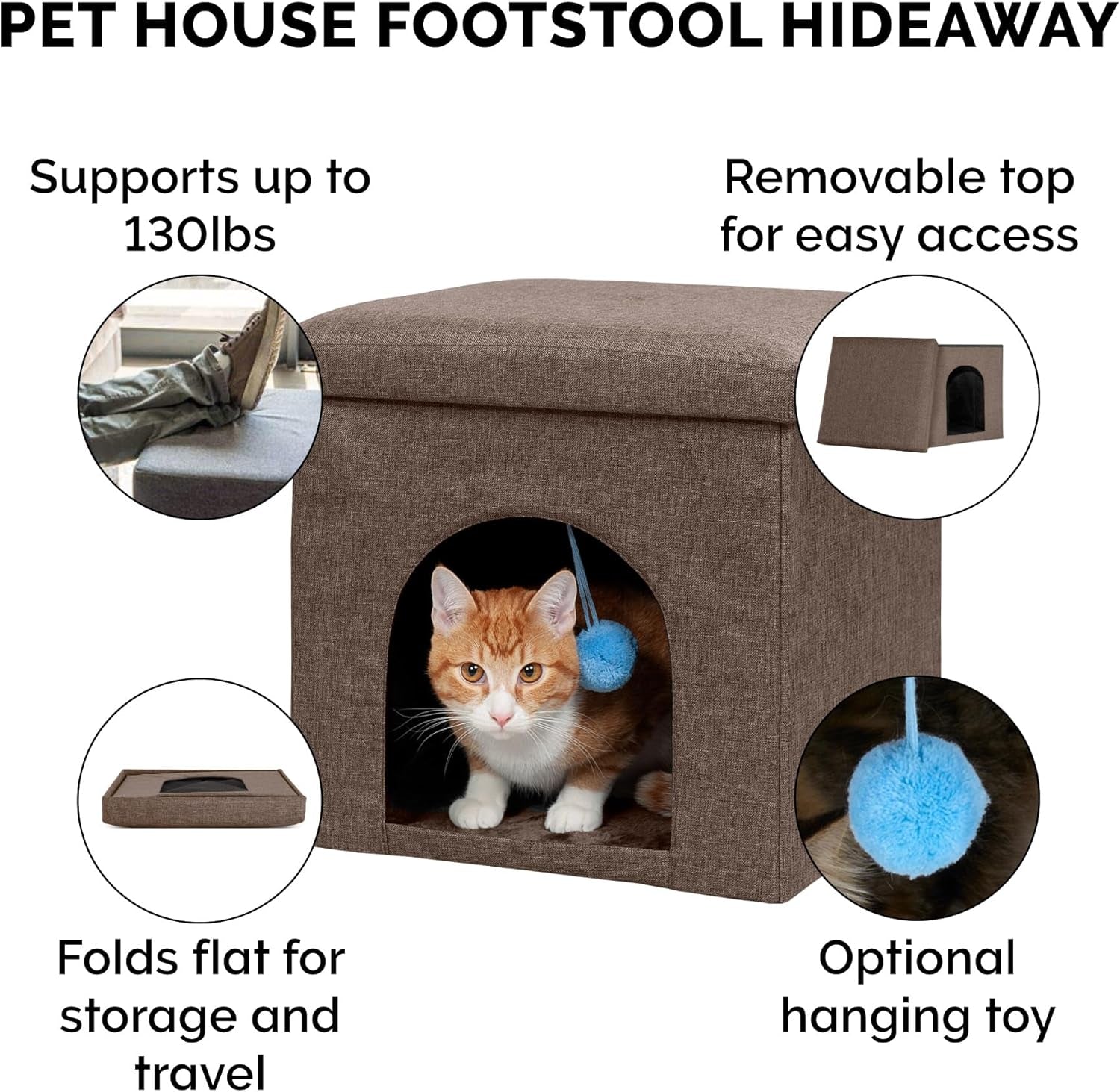 Pet House for Indoor Cats & Small Dogs, Collapsible & Foldable W/ Plush Ball Toy - Living Room Footstool Cat Condo - Coconut Brown, Small - soblessed95.store