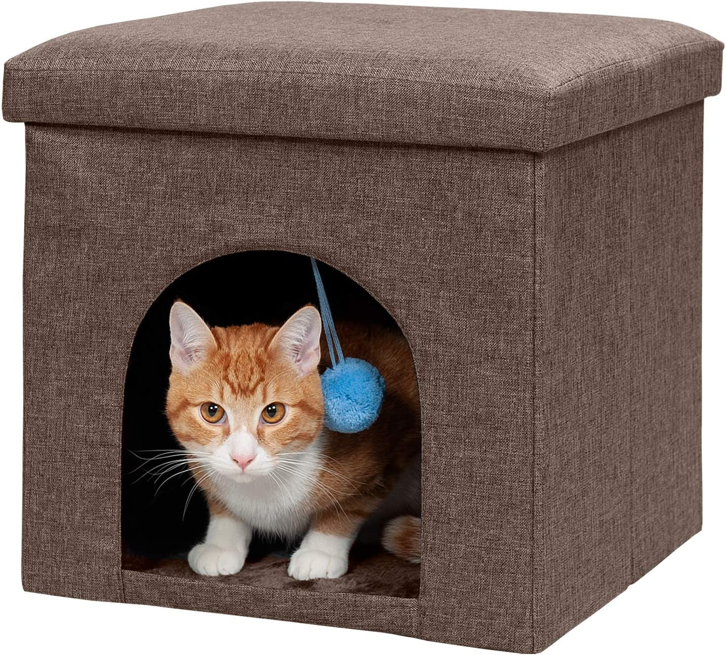 Pet House for Indoor Cats & Small Dogs, Collapsible & Foldable W/ Plush Ball Toy - Living Room Footstool Cat Condo - Coconut Brown, Small - soblessed95.store