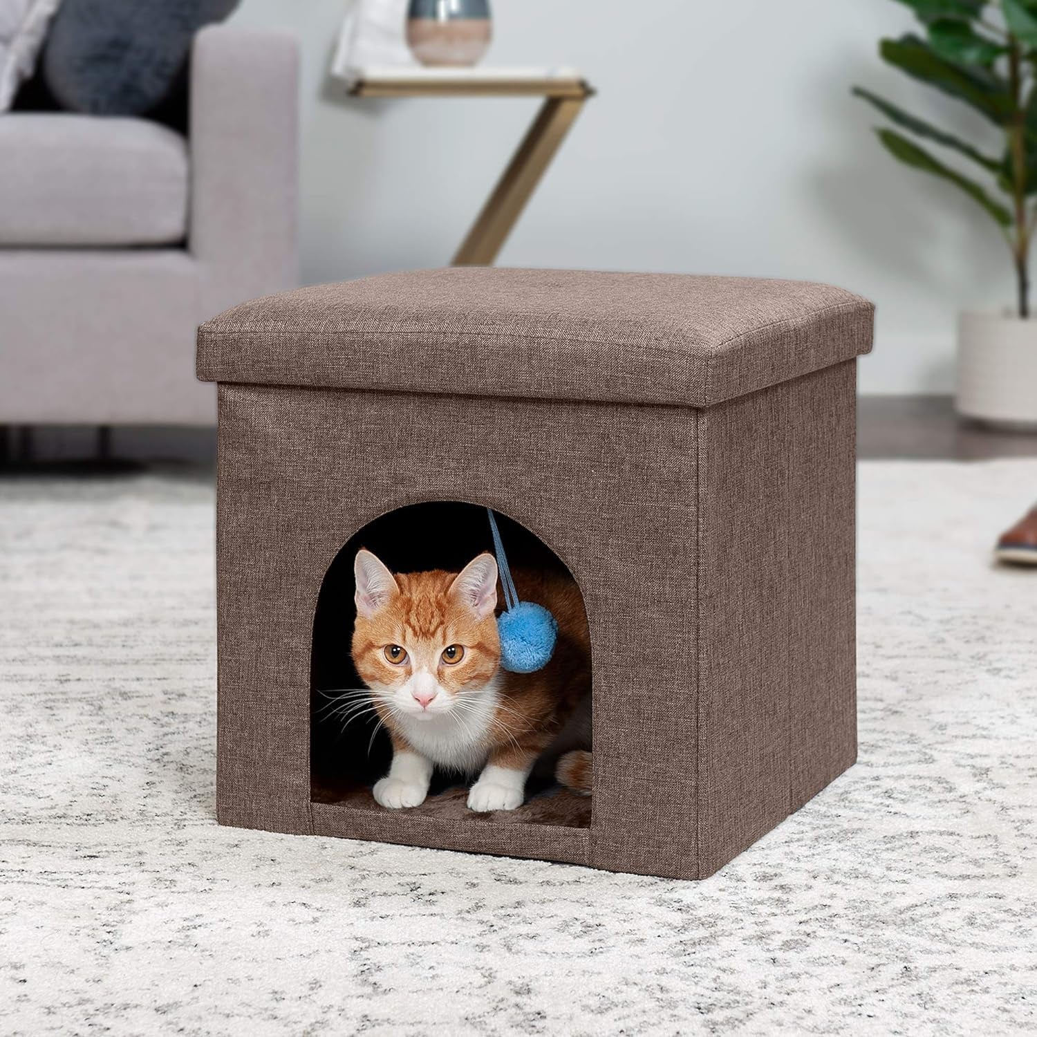 Pet House for Indoor Cats & Small Dogs, Collapsible & Foldable W/ Plush Ball Toy - Living Room Footstool Cat Condo - Coconut Brown, Small - soblessed95.store