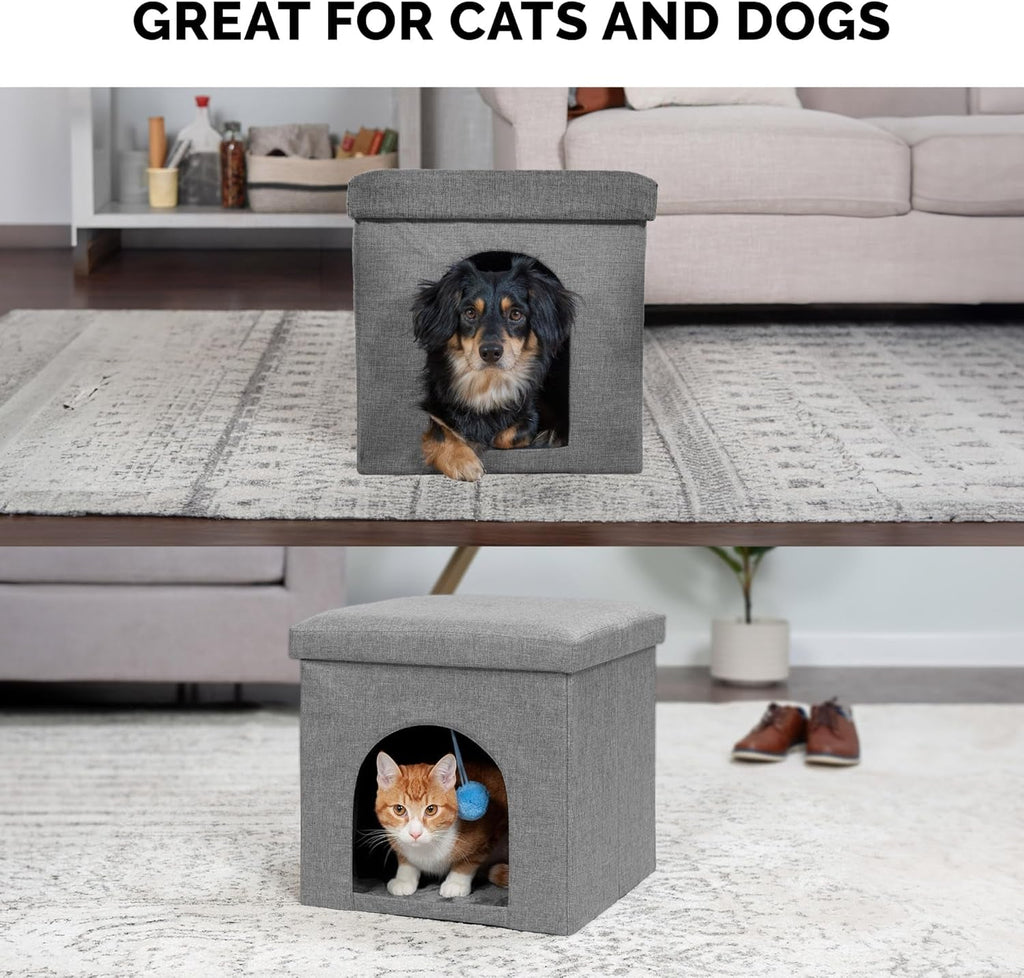 Pet House for Indoor Cats & Small Dogs, Collapsible & Foldable W/ Plush Ball Toy - Living Room Footstool Cat Condo - Stormy Gray, Small - soblessed95.store