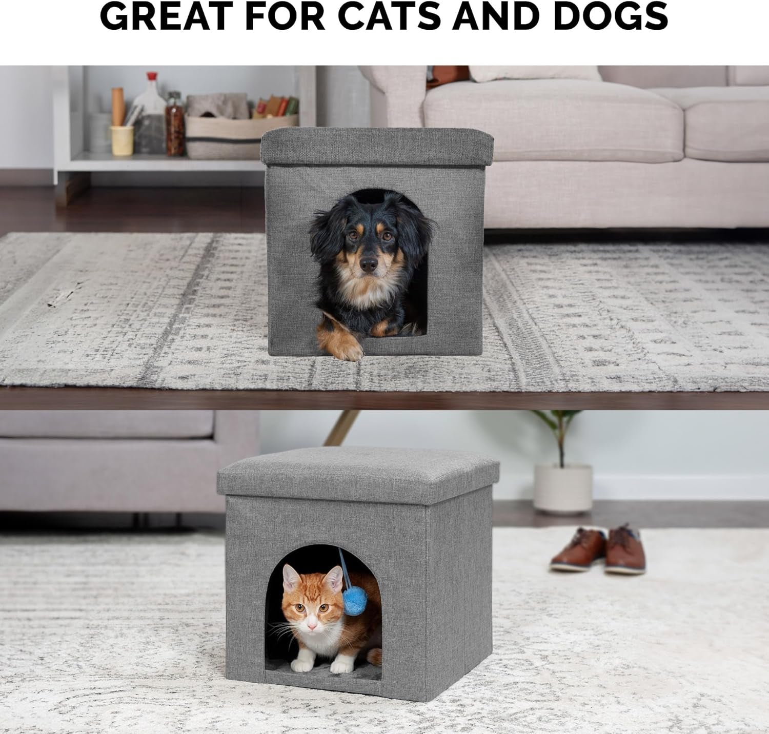 Pet House for Indoor Cats & Small Dogs, Collapsible & Foldable W/ Plush Ball Toy - Living Room Footstool Cat Condo - Stormy Gray, Small - soblessed95.store