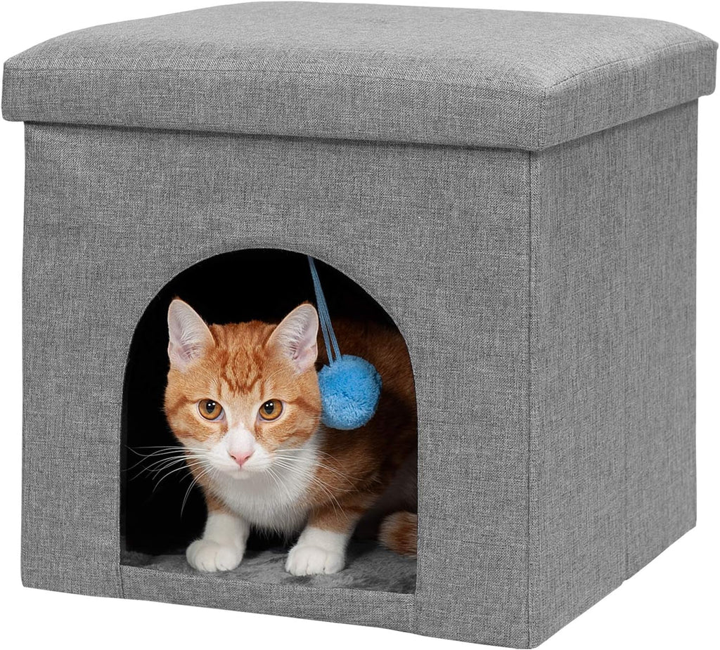 Pet House for Indoor Cats & Small Dogs, Collapsible & Foldable W/ Plush Ball Toy - Living Room Footstool Cat Condo - Stormy Gray, Small - soblessed95.store