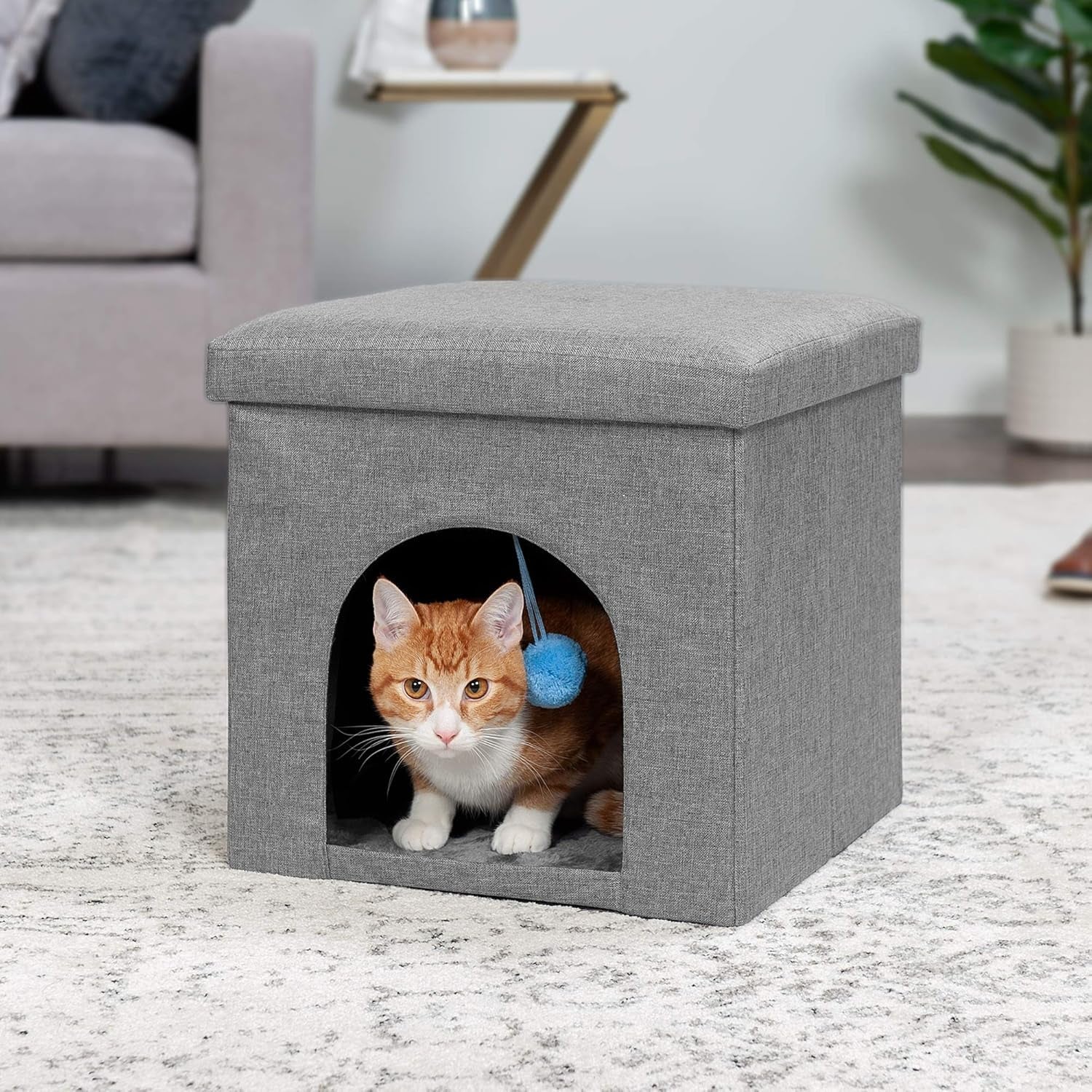 Pet House for Indoor Cats & Small Dogs, Collapsible & Foldable W/ Plush Ball Toy - Living Room Footstool Cat Condo - Stormy Gray, Small - soblessed95.store