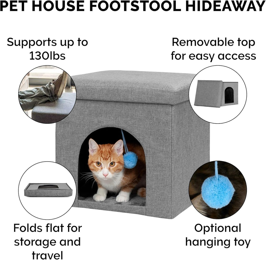 Pet House for Indoor Cats & Small Dogs, Collapsible & Foldable W/ Plush Ball Toy - Living Room Footstool Cat Condo - Stormy Gray, Small - soblessed95.store