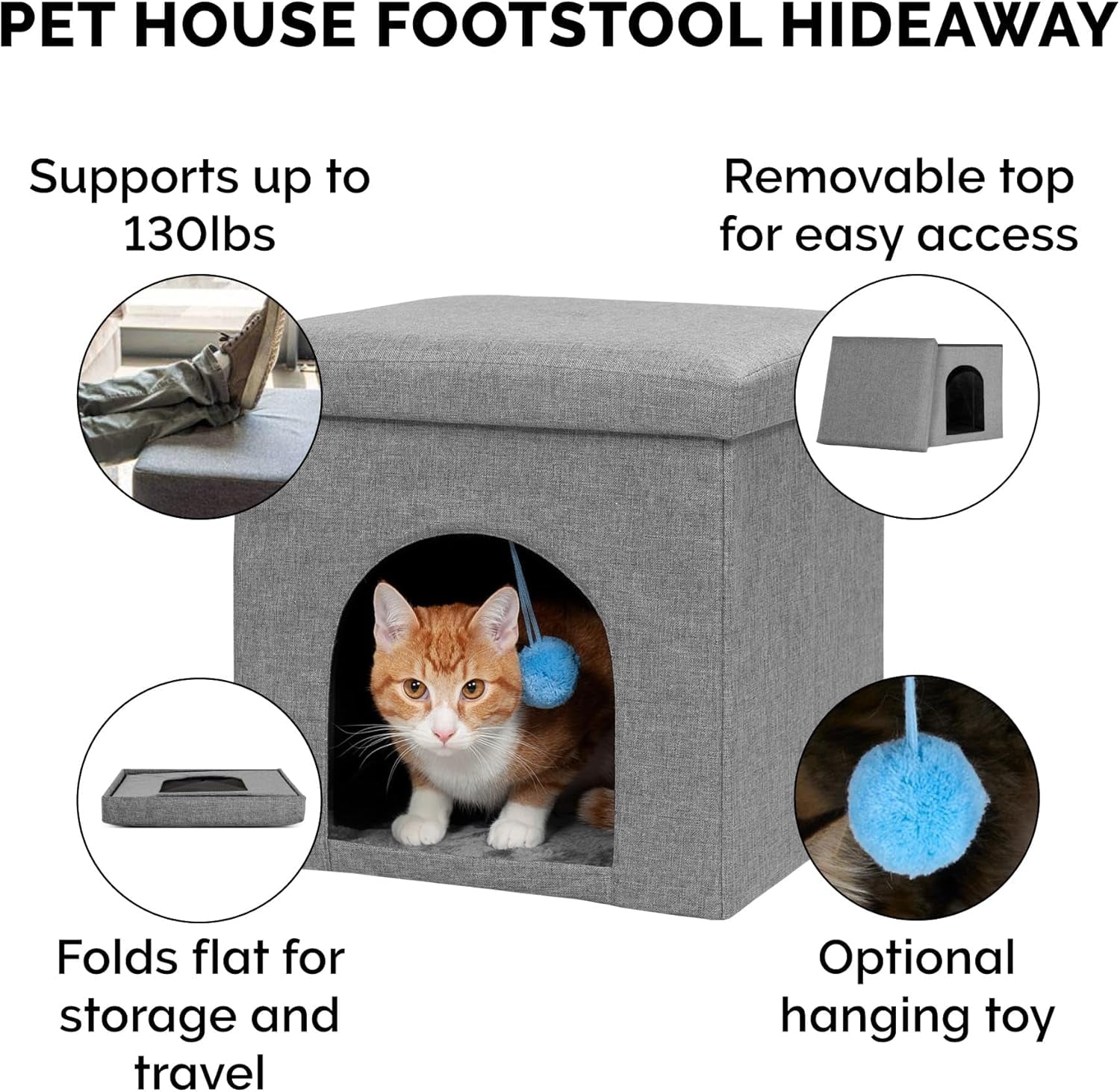 Pet House for Indoor Cats & Small Dogs, Collapsible & Foldable W/ Plush Ball Toy - Living Room Footstool Cat Condo - Stormy Gray, Small - soblessed95.store