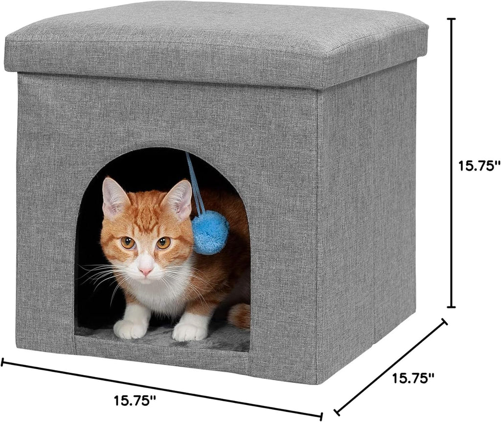 Pet House for Indoor Cats & Small Dogs, Collapsible & Foldable W/ Plush Ball Toy - Living Room Footstool Cat Condo - Stormy Gray, Small - soblessed95.store