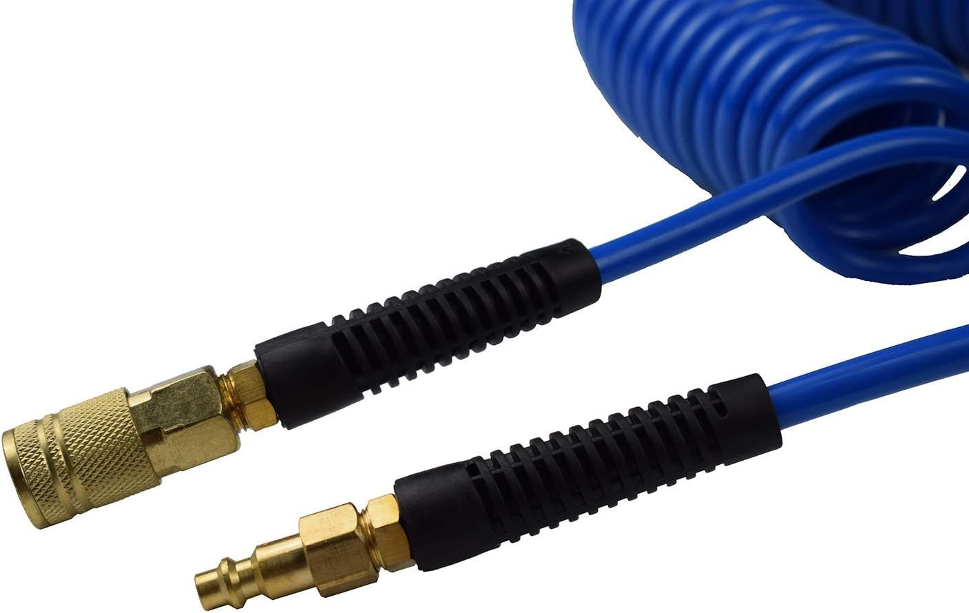 Polyurethane Recoil Air Hose, Air Compressor Hose 1/4" Inner Diameter by 25' Long with Bend Restrictor, 1/4" Industrial Quick Coupler and Plug, Blue - soblessed95.store