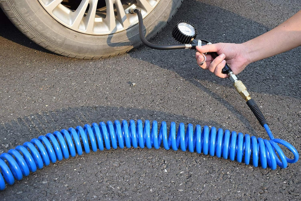 Polyurethane Recoil Air Hose, Air Compressor Hose 1/4" Inner Diameter by 25' Long with Bend Restrictor, 1/4" Industrial Quick Coupler and Plug, Blue - soblessed95.store