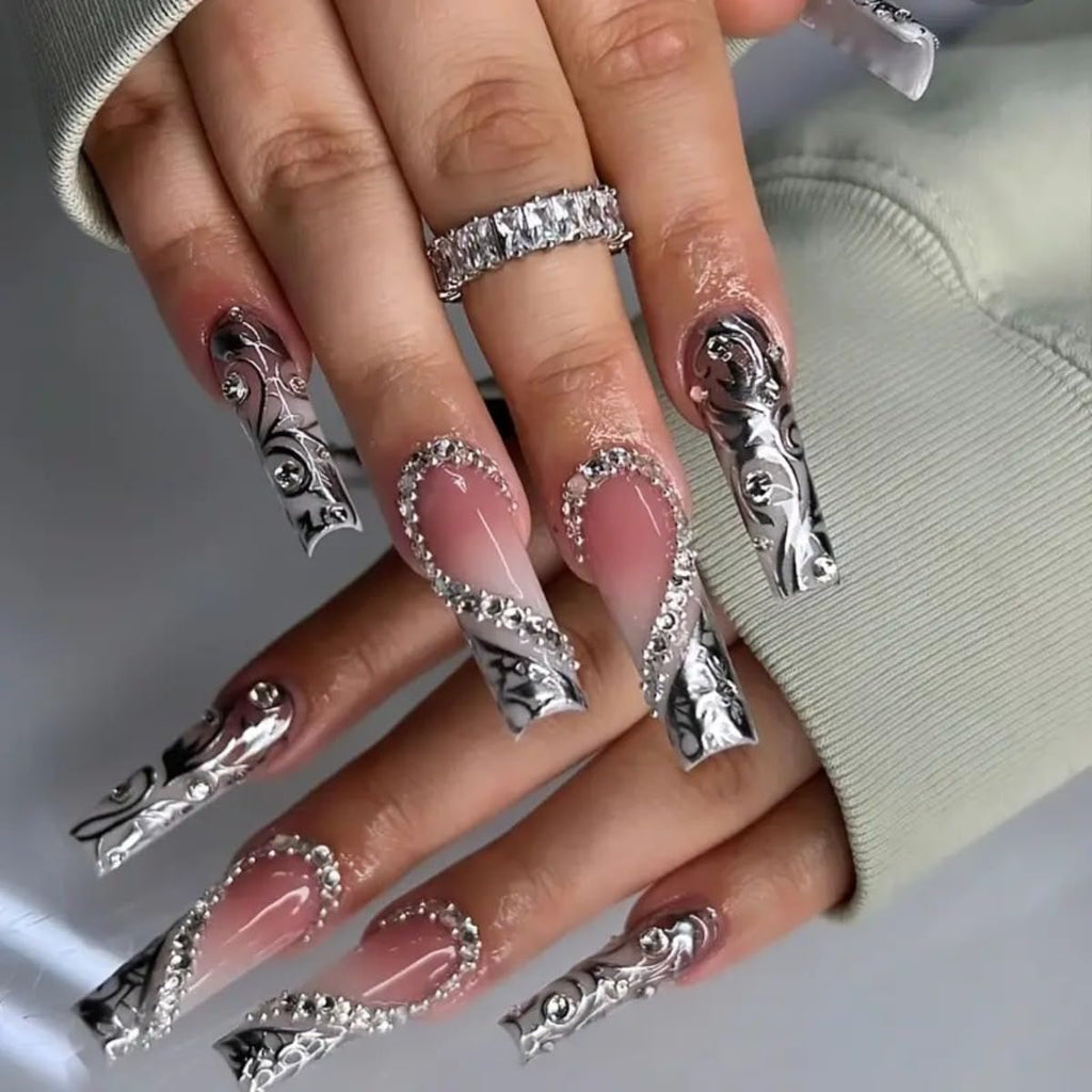 Press on Nails Long Square Fake Nails Silver French False Tip with Rhinestones Charms Design Glue on Nails 3D Heart Stick on Nails Elegant Glitter Glossy Acrylic Nails for Women Manicure 24Pcs - soblessed95.store