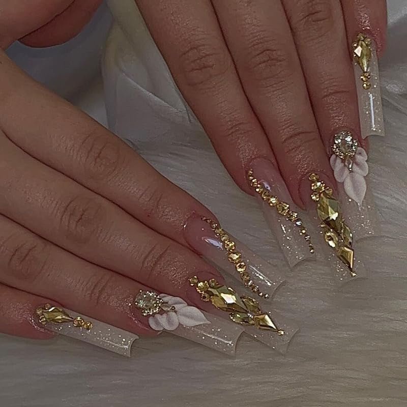 Press on Nails, Square Nails with Flower and Rhinestones Design, Perfect for Prom/Party/Holiday, Gift for Women (Khaki) - soblessed95.store