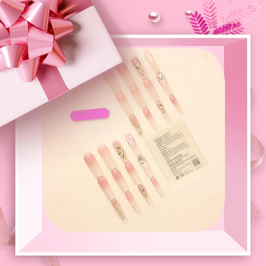 Press on Nails, Square Nails with Flower and Rhinestones Design, Perfect for Prom/Party/Holiday, Gift for Women (Khaki) - soblessed95.store