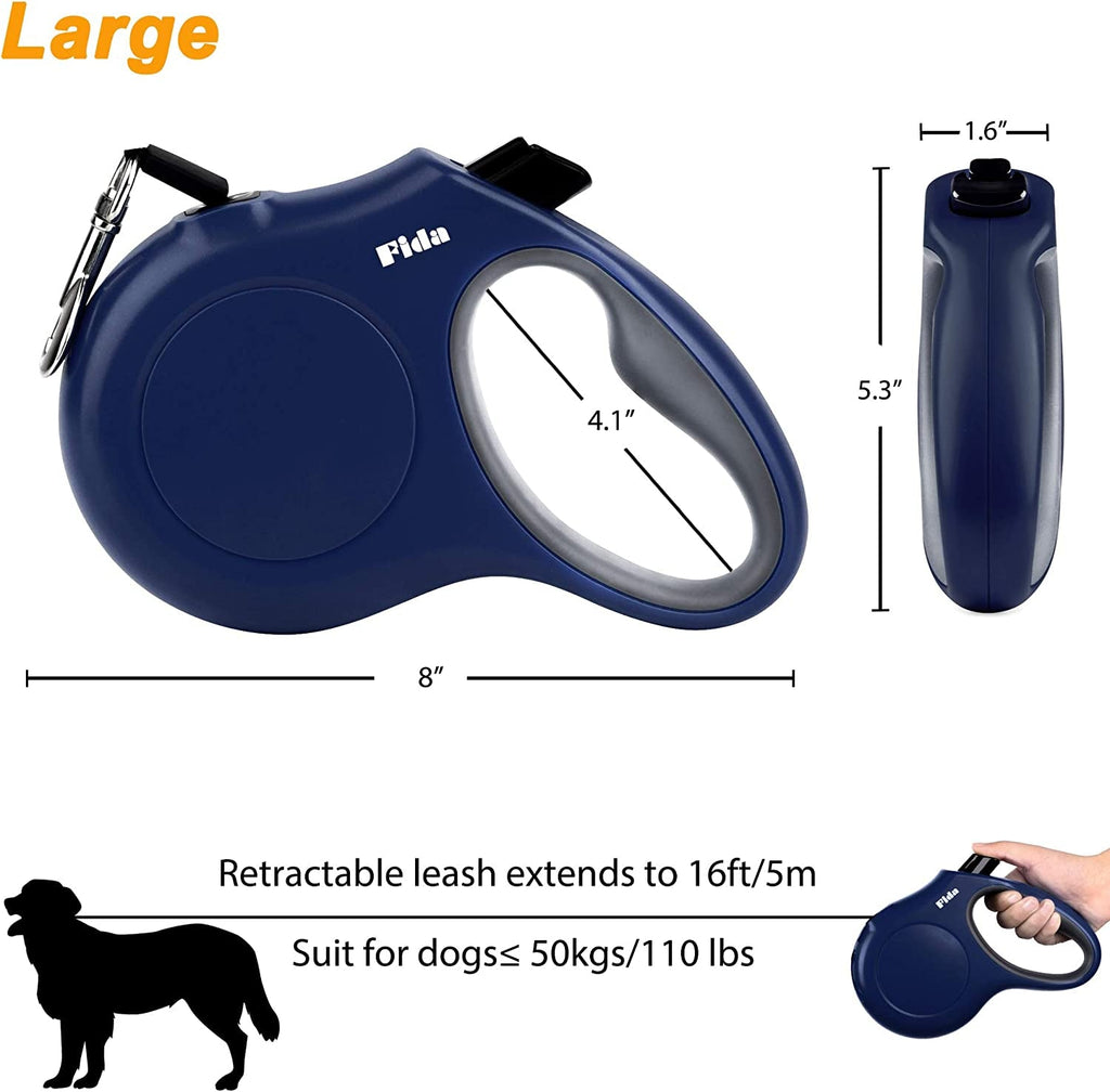 Retractable Dog Leash with Dispenser and Poop Bags, 16 Ft Pet Walking Leash for Large Dog up to 110 Lbs, Anti - Slip Handle, Tangle - Free, Reflective Nylon Tape (L, Navy Blue) - soblessed95.store