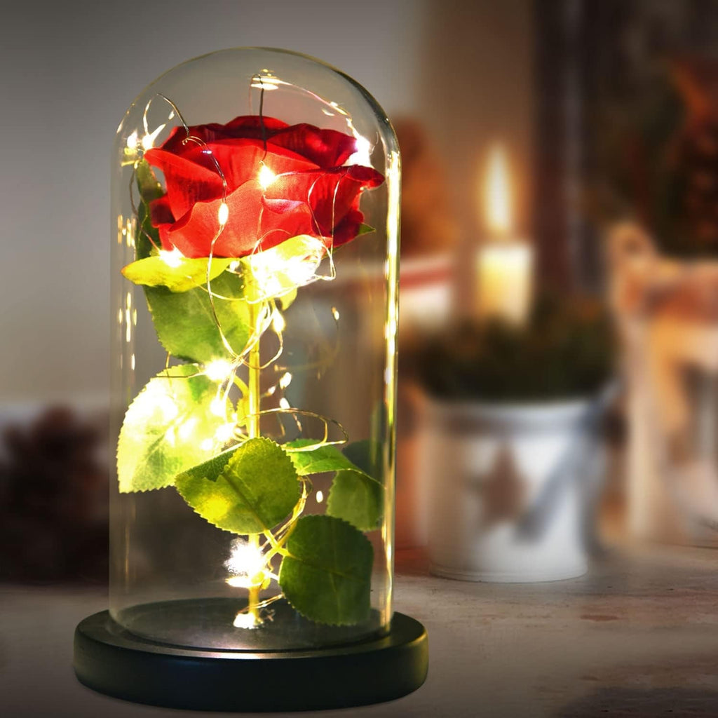 Rose Lamp - Red Glass Rose Light - Mother'S Day Gift for Women - Table Lamp with LED - Contemporary Style - Battery Operated - 10" H X 5.5" W X 5.5" D - soblessed95.store