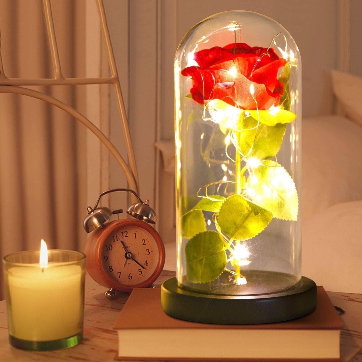 Rose Lamp - Red Glass Rose Light - Mother'S Day Gift for Women - Table Lamp with LED - Contemporary Style - Battery Operated - 10" H X 5.5" W X 5.5" D - soblessed95.store