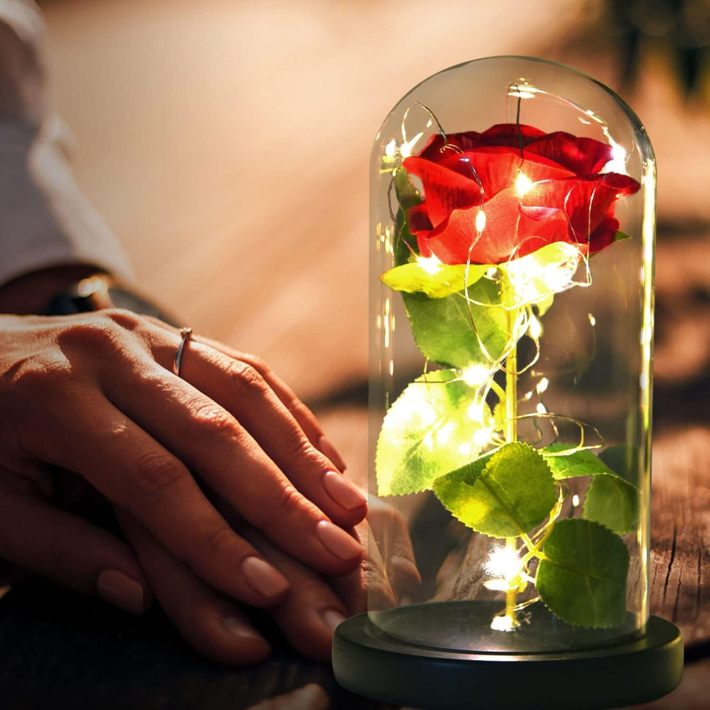 Rose Lamp - Red Glass Rose Light - Mother'S Day Gift for Women - Table Lamp with LED - Contemporary Style - Battery Operated - 10" H X 5.5" W X 5.5" D - soblessed95.store