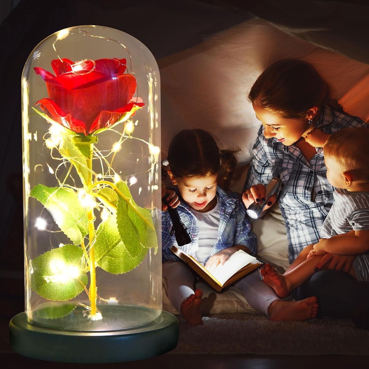 Rose Lamp - Red Glass Rose Light - Mother'S Day Gift for Women - Table Lamp with LED - Contemporary Style - Battery Operated - 10" H X 5.5" W X 5.5" D - soblessed95.store