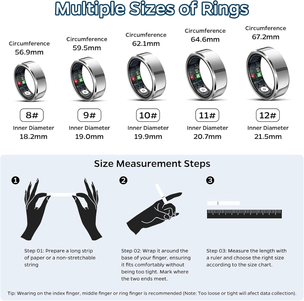 Sleep Tracker Ring with Heart Rate, Waterproof Fitness Ring for Activity Monitoring/Steps/Distance/Calories, Air Gestures, up to 7 - Day Battery, for Ios Android (Silver,12) - soblessed95.store