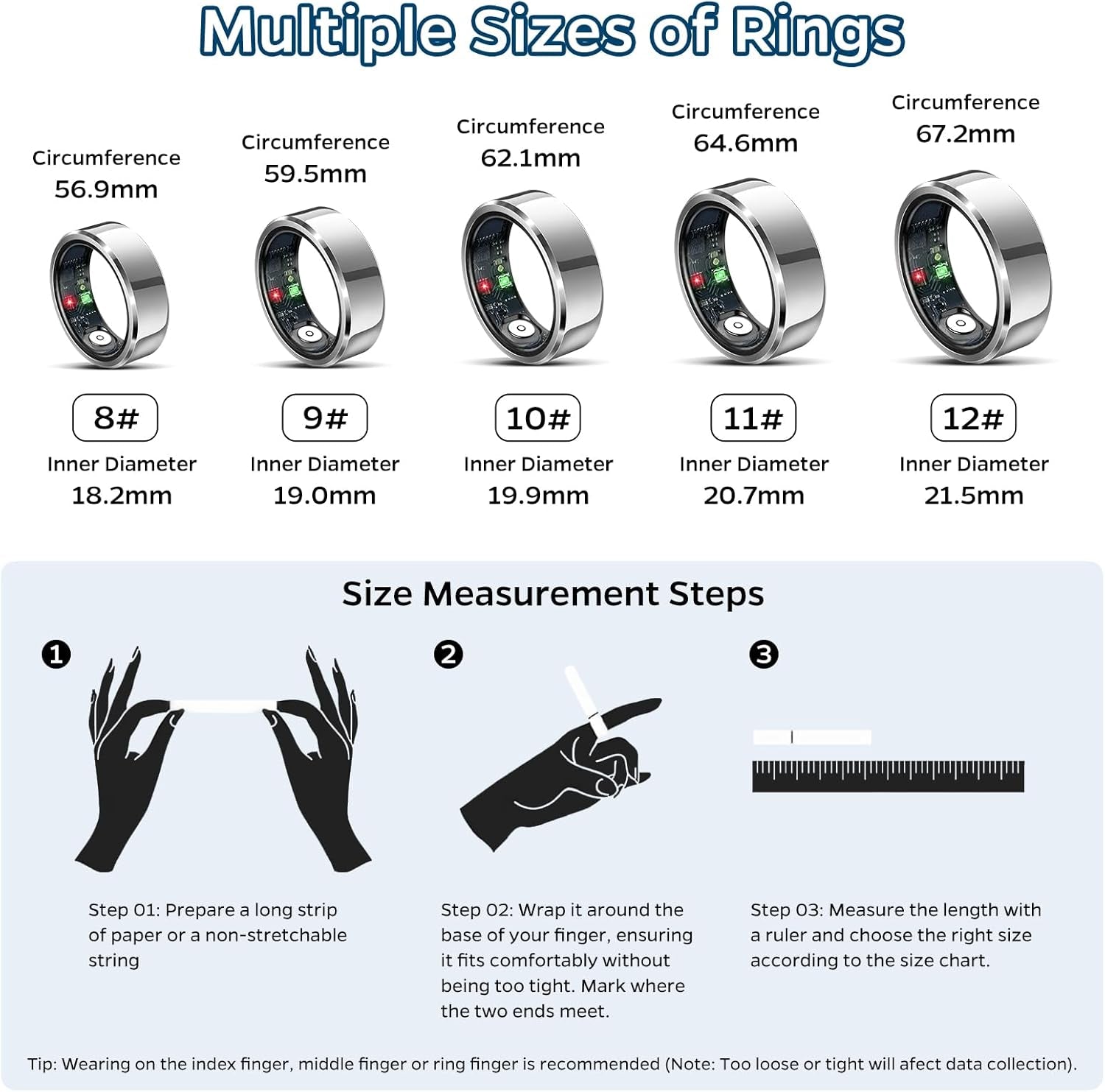 Sleep Tracker Ring with Heart Rate, Waterproof Fitness Ring for Activity Monitoring/Steps/Distance/Calories, Air Gestures, up to 7 - Day Battery, for Ios Android (Silver,12) - soblessed95.store