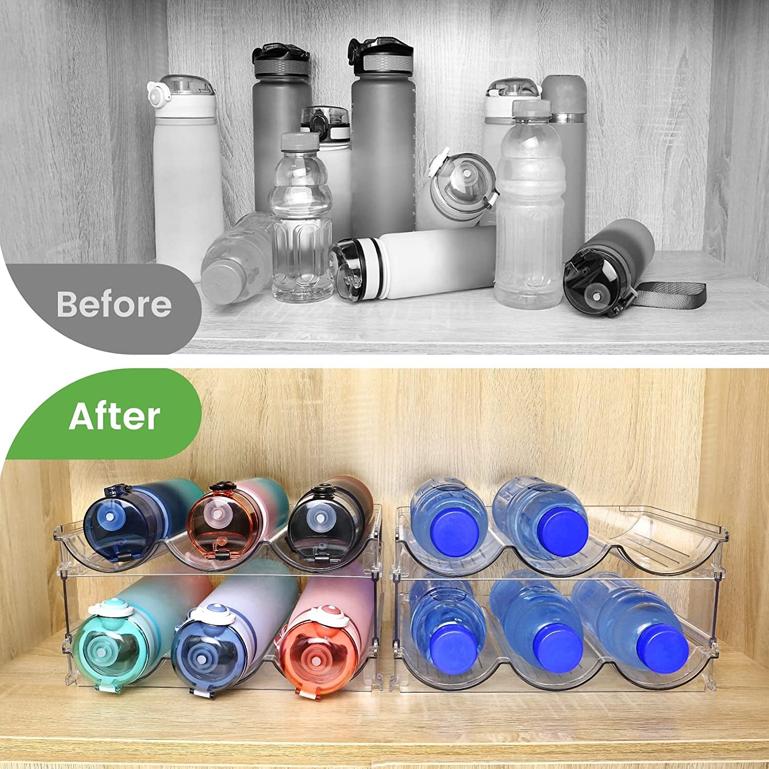 Water Bottle Organizer for Cabinet, Water Bottle Storage Organizer, 2 Packs Water Bottle Storage Rack, Water Bottle Holder for Cabinet, Stackable Water Bottle Storage Rack - soblessed95.store